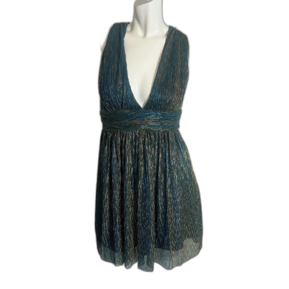 Dresses & Skirts - Lulus Ailey Gold and Teal Blue Metallic Skater Dress Women's Size M